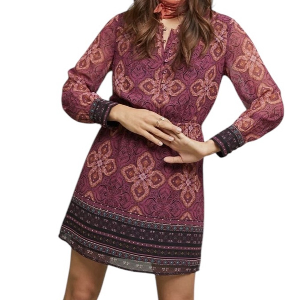 Anthropologie Maeve Maroon Paisley/Floral Chiffon Mini Dress XSP